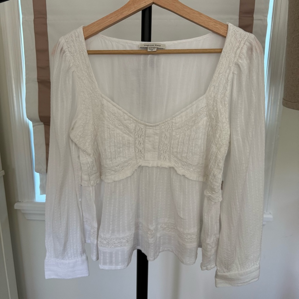 White Coquette Bohemian Lacey Sweetheart Neckline Long Sleeve Blouse - Picture 4 of 6